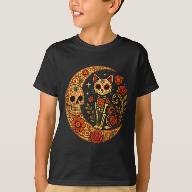 Camiseta Sugar Skull Cat Moon Dia De Los Muertos Funny Hall (Anverso)