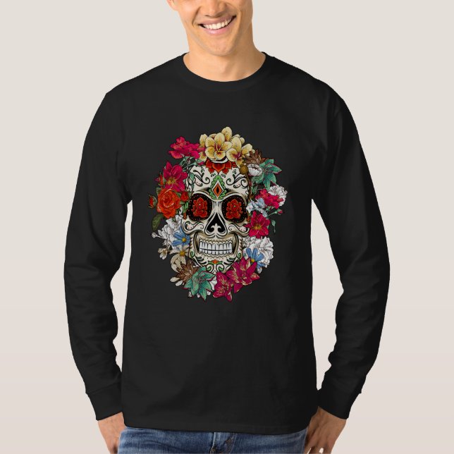 Camiseta Sugar Skull Day Of Dead Dia De Los Muertos Flowers (Anverso)