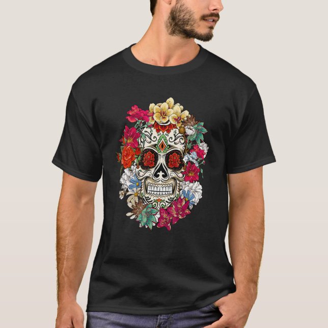 Camiseta Sugar Skull Day Of Dead Dia De Los Muertos Flowers (Anverso)