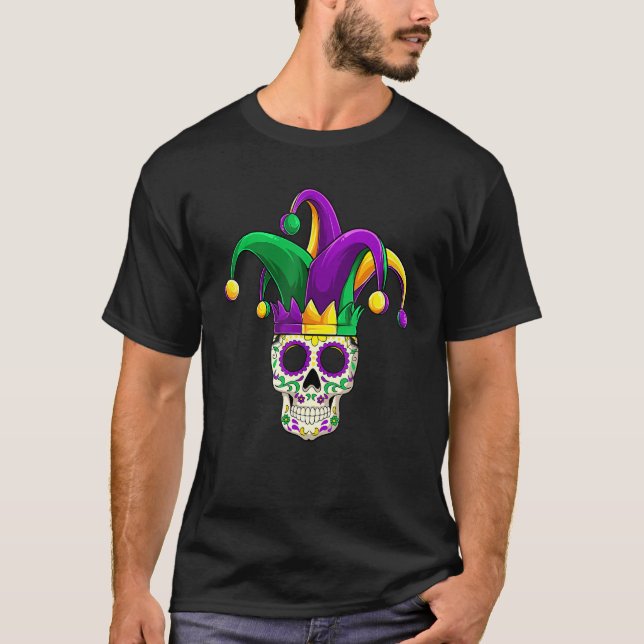 Camiseta Sugar Skull Jester Costume Mardi Gras , Hombres Ad (Anverso)