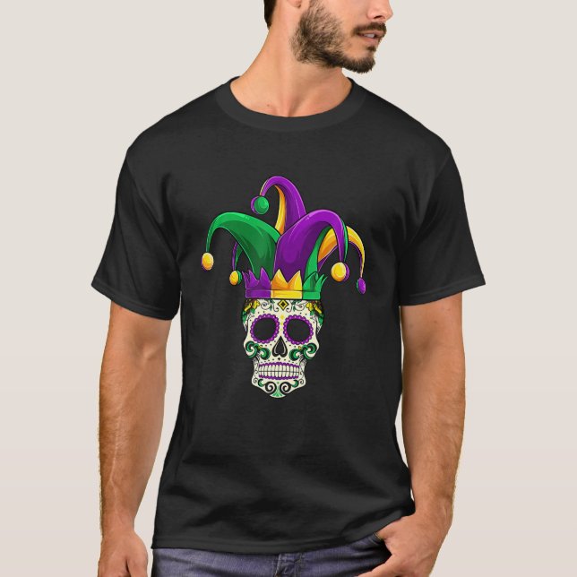 Camiseta Sugar Skull Mardi Gras , Jester Costumbres Hombres (Anverso)