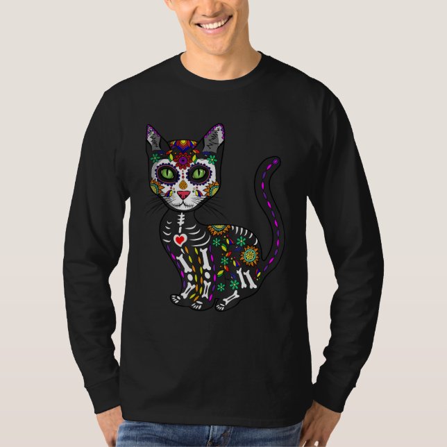 Camiseta Sugar Skull Mexican Cat Halloween Day Of The Dead (Anverso)