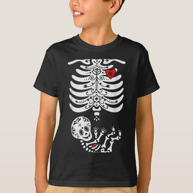 Camiseta Sugar Skull Skeleton Halloween Pregnancy Annouceme (Anverso)