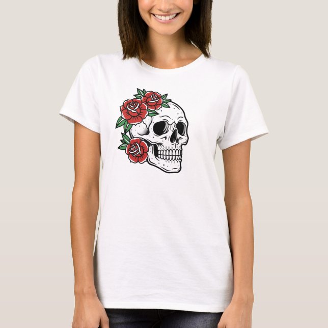 Camiseta Sugar Skull with Red Roses Poster (Anverso)