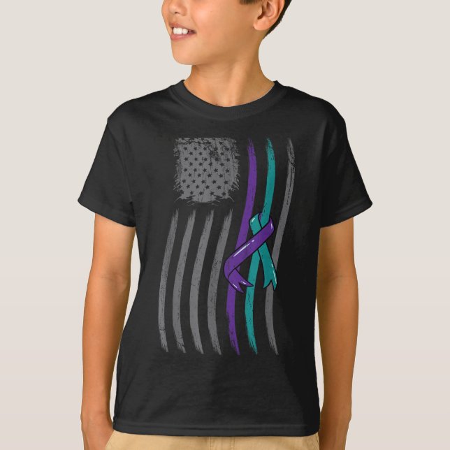Camiseta Suicide Prevention American Flag Purple Awareness  (Anverso)