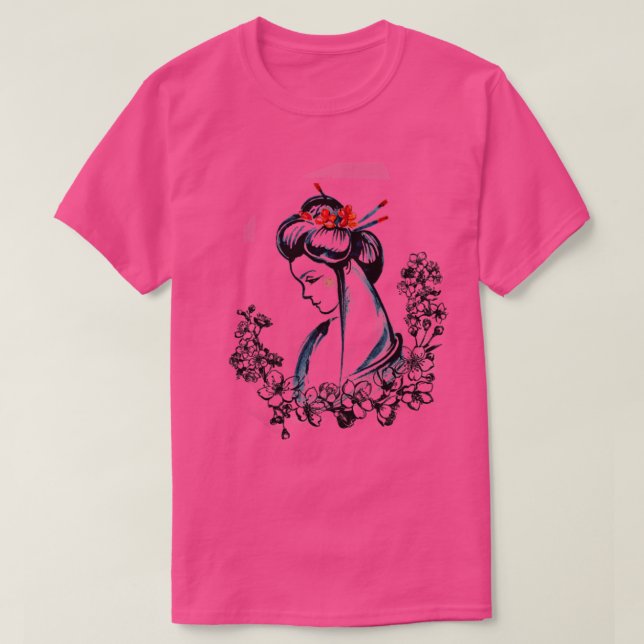 Camiseta Sumi E Lady japonesa con flores (Diseño del anverso)