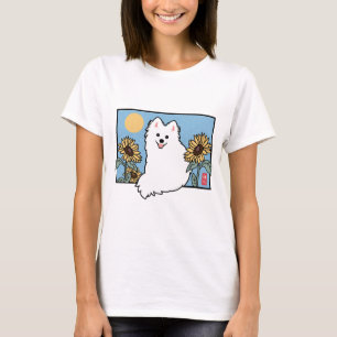Camiseta Summer Happy Spitz Dog sentado con girasoles