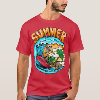 Camiseta Summer Skeleton Surfing Wave Beach Summer Vacation