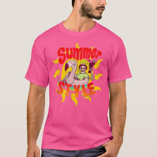 Camiseta Summer Sun Pink Flamingo Cocktail Skeleton Summer