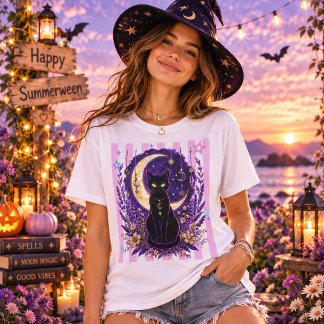 Camiseta Summerween Celestial Gato Negro Floral Mágico Luna