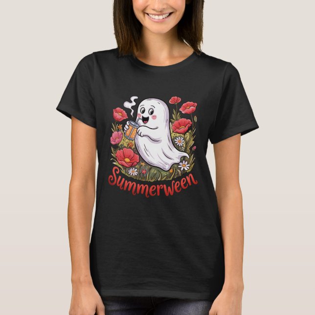 Camiseta Summerween Cute Ghost Poppy Flower Field Summer (Anverso)