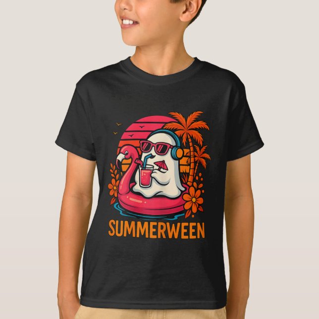 Camiseta Summerween Funny Ghost Halloween Summer Flamingo B (Anverso)