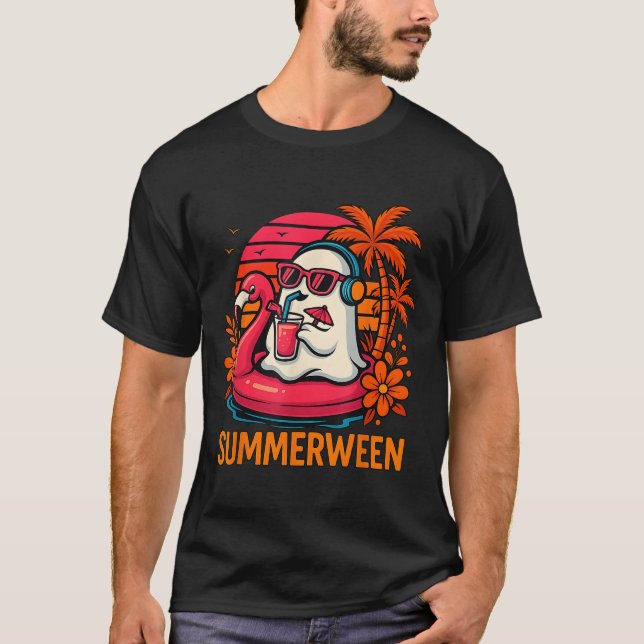 Camiseta Summerween Funny Ghost Halloween Summer Flamingo B (Anverso)