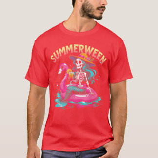 Camiseta Summerween Mermaid Skeleton Beach Flamingo Hallowe