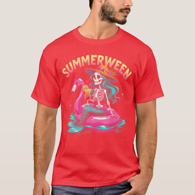 Camiseta Summerween Mermaid Skeleton Beach Flamingo Hallowe (Anverso)