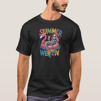 Camiseta Summerween Mermaid Skeleton Beach Flamingo Hallowe