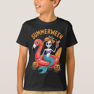 Camiseta Summerween Mermaid Skeleton Beach Flamingo Hallowe