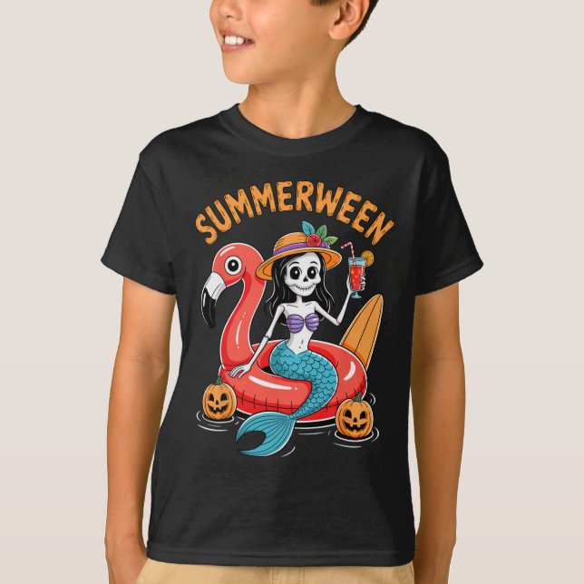 Camiseta Summerween Mermaid Skeleton Beach Flamingo Hallowe (Anverso)