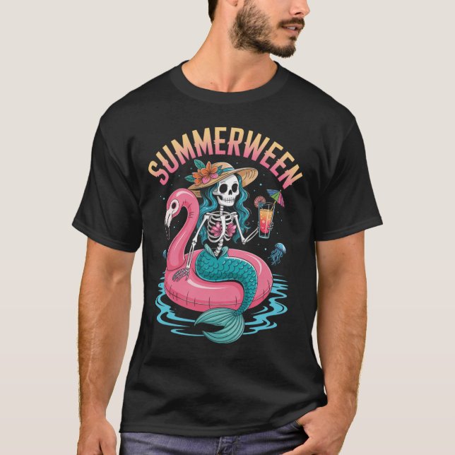 Camiseta Summerween Mermaid Skeleton Beach Flamingo Hallowe (Anverso)