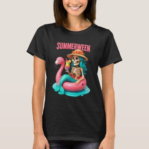 Camiseta Summerween Mermaid Skeleton Beach Flamingo Hallowe