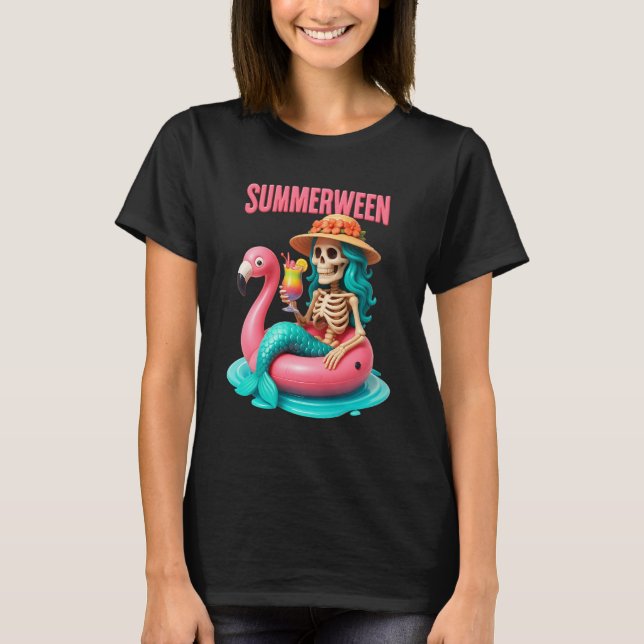 Camiseta Summerween Mermaid Skeleton Beach Flamingo Hallowe (Anverso)