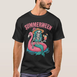 Camiseta Summerween Mermaid Skeleton Beach Flamingo Hallowe