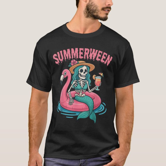 Camiseta Summerween Mermaid Skeleton Beach Flamingo Hallowe (Anverso)
