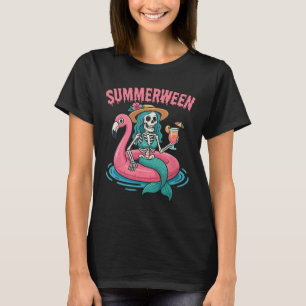Camiseta Summerween Mermaid Skeleton Beach Flamingo Hallowe