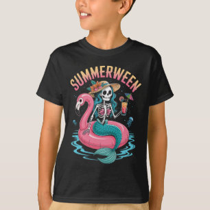 Camiseta Summerween Mermaid Skeleton Beach Flamingo Hallowe