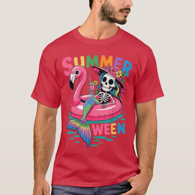 Camiseta Summerween Mermaid Skeleton Beach Flamingo Hallowe (Anverso)