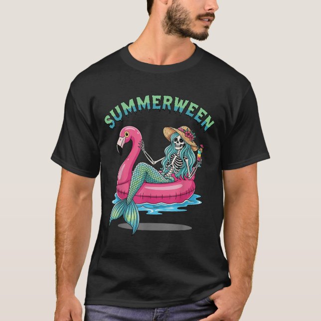 Camiseta Summerween Mermaid Skeleton Flamingo Float Hallowe (Anverso)