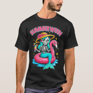 Camiseta Summerween Mermaid Skeleton Halloween Flamingo Sum