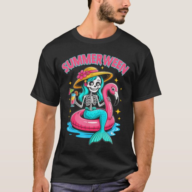 Camiseta Summerween Mermaid Skeleton Halloween Flamingo Sum (Anverso)