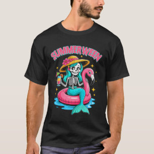 Camiseta Summerween Mermaid Skeleton Halloween Flamingo Sum