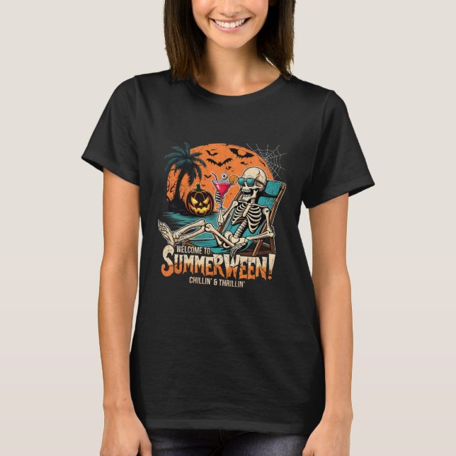 Camiseta Summerween Skeleton Beach Halloween Arte Tropical (Anverso)
