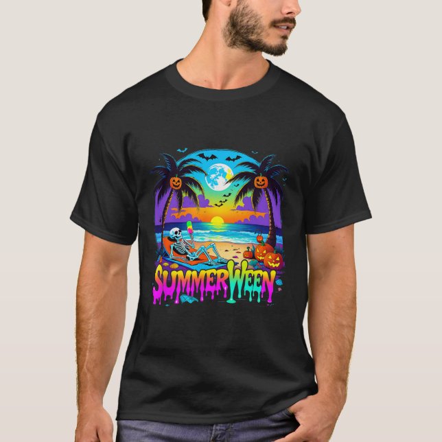 Camiseta Summerween Skeleton Ghost Beach Funny Spooky Hallo (Anverso)