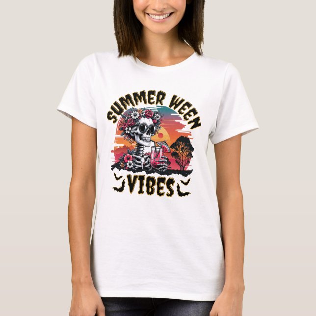Camiseta Summerween Sunset Floral Skeleton Watermelon Juice (Anverso)