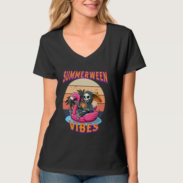 Camiseta Summerween Vibes Grim Reaper Flamingo Floor Retro (Anverso)