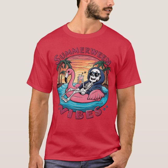 Camiseta Summerween Vibes Halloween Summer Fun Flamingo Ske (Anverso)