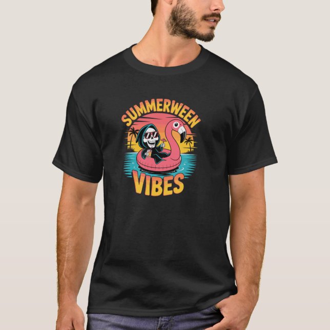 Camiseta Summerween Vibes Skeleton Flamingo Float Summer Ha (Anverso)