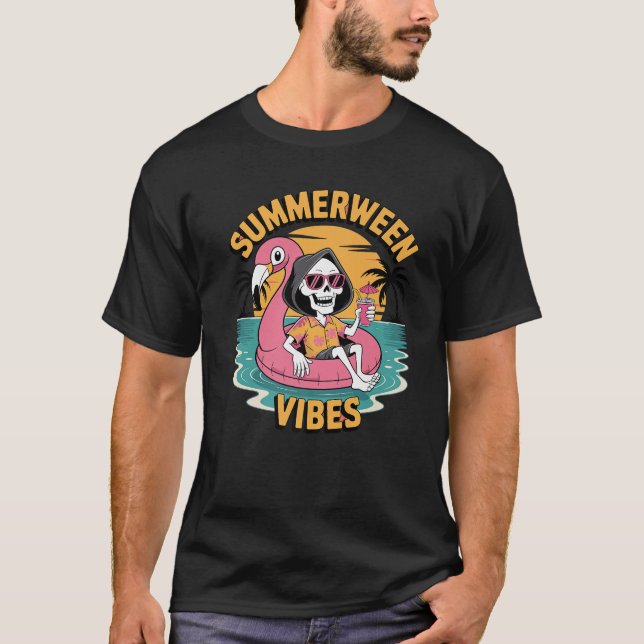 Camiseta Summerween Vibes Skeleton Flamingo Float Summer Ha (Anverso)