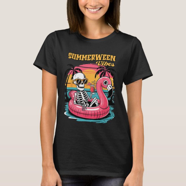 Camiseta Summerween Vibes Skeleton Flamingo Spooky Hallowee (Anverso)