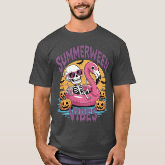 Camiseta Summerween Vibes Skeleton Flamingo Spooky Hallowee