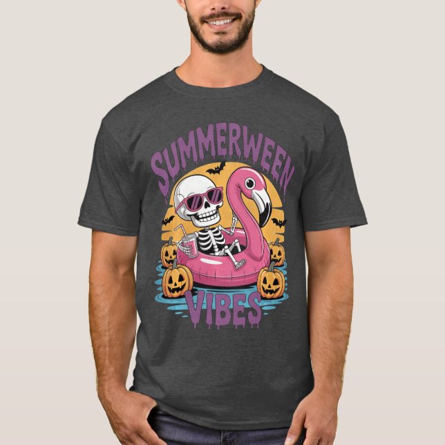 Camiseta Summerween Vibes Skeleton Flamingo Spooky Hallowee (Anverso)