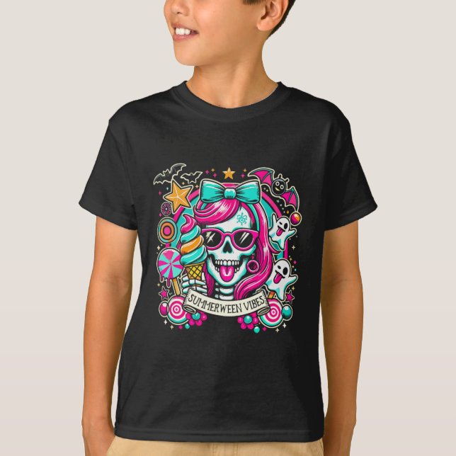 Camiseta Summerween Vibes Skeleton Spooky Vacaciones Hallow (Anverso)