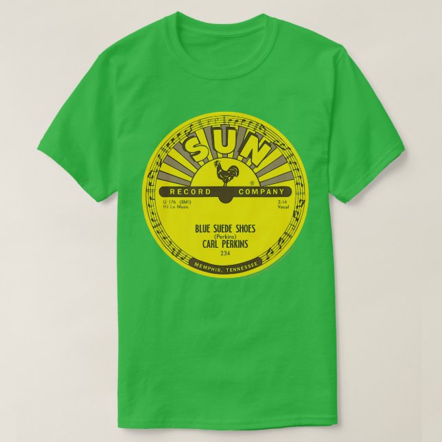 Camiseta Sun Records Vinyl Carl Perkins Zapatos Ante azules (Diseño del anverso)