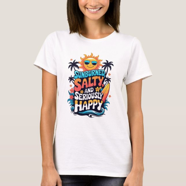 Camiseta Sunburned Salty and Happy – Retro Beach Vibes (Anverso)