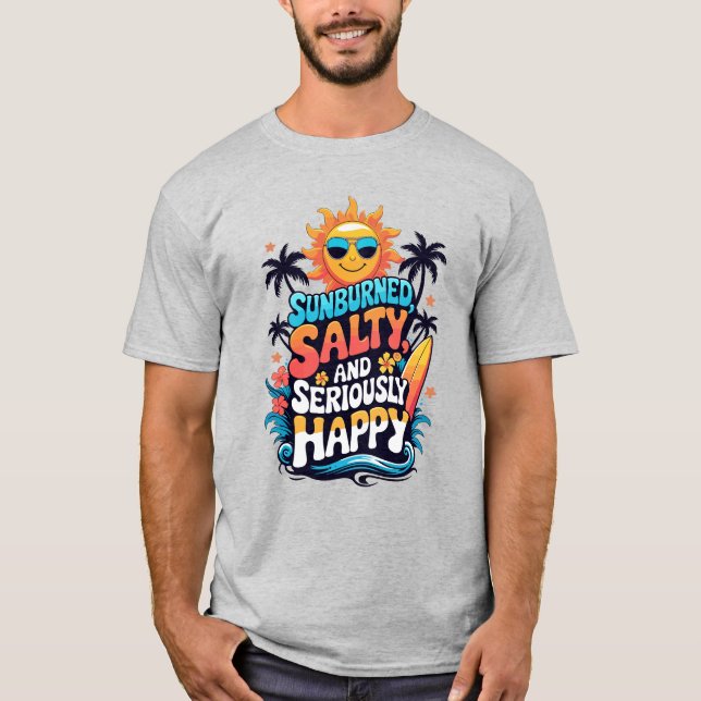 Camiseta Sunburned Salty and Happy – Retro Beach Vibes (Anverso)