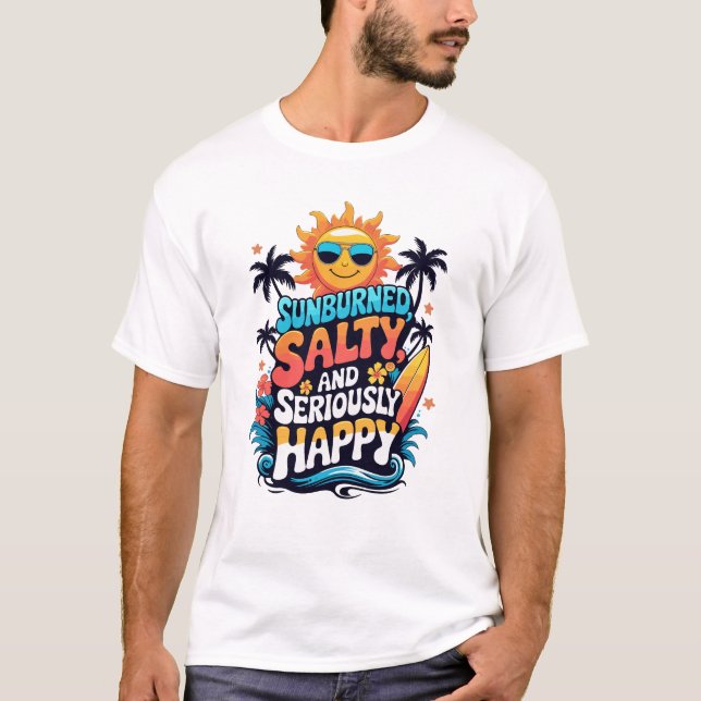 Camiseta Sunburned Salty and Happy – Retro Beach Vibes (Anverso)