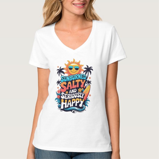 Camiseta Sunburned Salty and Happy – Retro Beach Vibes (Anverso)